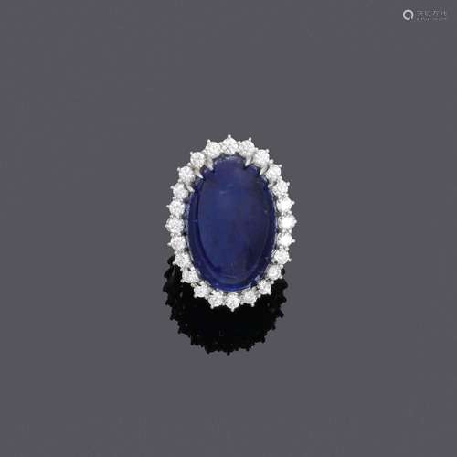 BAGUE TANZANITE-DIAMANT.Or blanc 750, 17g.Bague moderne et é...