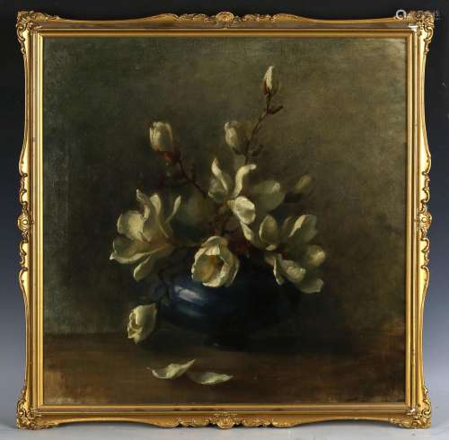 Adeline Trier - Still Life with Magnolias in a Blue Vase, oi...