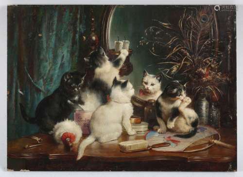 Carl Reichert - Cats at Play on a Dressing Table, oil on pan...