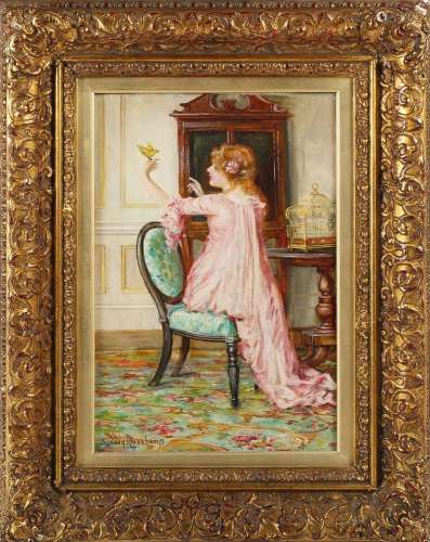 Francis Sydney Muschamp - Young Girl wearing a Pink Dress ho...