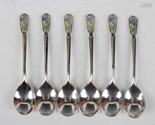 A set of six George V silver and enamelled coffee spoons, ea...