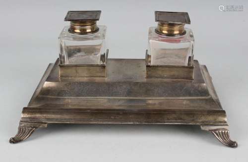 A George VI silver rectangular inkstand, fitted with a pair ...