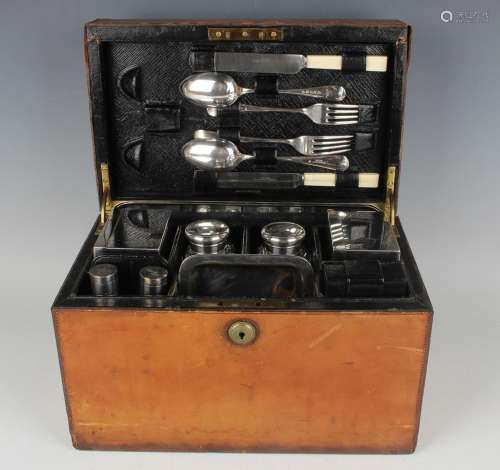 A late Victorian brown leather cased and plated picnic set, ...