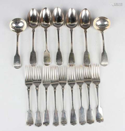 A collection of George III and later silver Fiddle pattern c...