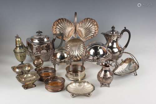 A group of plated items, including an oval half-reeded teapo...