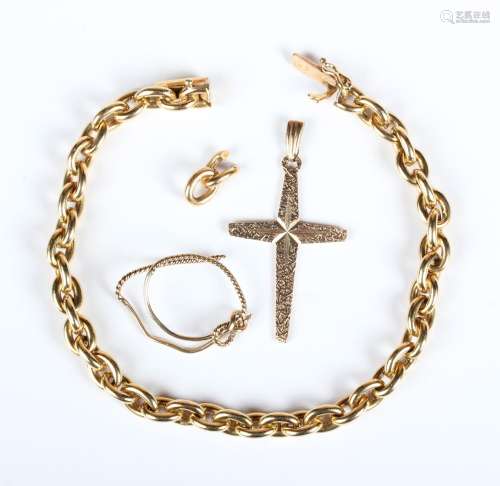 A gold oval link bracelet on a snap clasp, detailed '585', l...