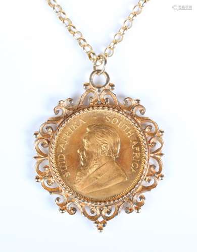 A South Africa Krugerrand 1977 in a 9ct gold pendant mount, ...