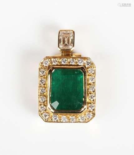 A gold, emerald and diamond rectangular pendant, mounted wit...