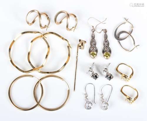 Two pairs of 9ct gold earrings, a 9ct gold stickpin with ini...