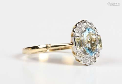 A gold, platinum, aquamarine and diamond cluster ring, claw ...