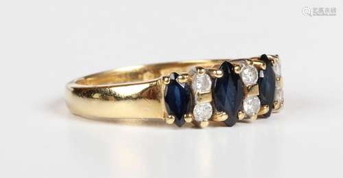 An 18ct gold, sapphire and diamond ring, mounted with four m...