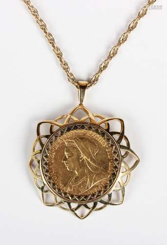 A Victoria Old Head sovereign 1896 M in a 9ct gold pendant m...