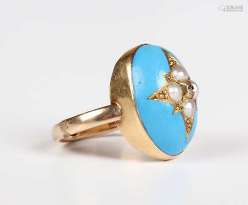 A gold, diamond, half-pearl and blue enamelled ring, mounted...