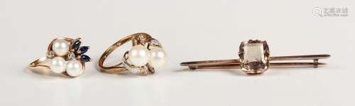 A gold, sapphire, diamond and cultured pearl ring, detailed ...