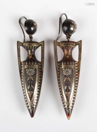 A pair of Victorian piqué tortoiseshell pendant earrings, ea...