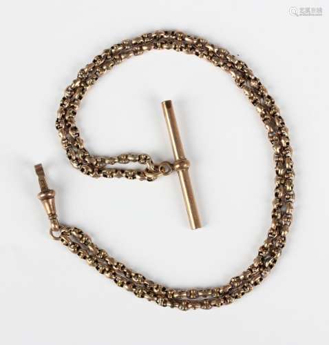 A Victorian gold watch chain, unmarked, fitted with a gold s...