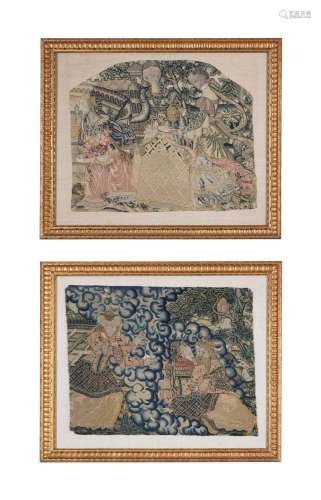 TWO FRAMED COURTLY SCENE NEEDLEWORKS, LATE 16TH/EARLY 17TH C...
