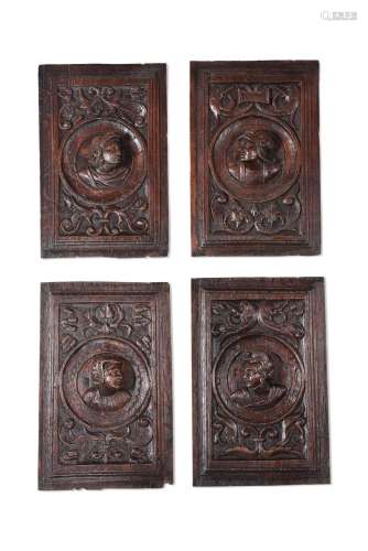 A SET OF FOUR CARVED OAK 'ROMAYNE' PANELS, 16TH CENTURY