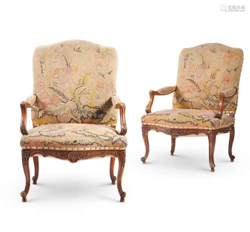 A PAIR OF FRENCH BEECH AND NEEDLEWORK FAUTEUILS OR ARMCHAIRS...