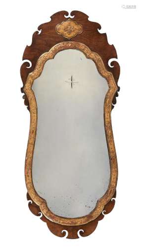 A PAIR OF WALNUT AND GILT GESSO WALL MIRRORS, IN GEORGE I ST...