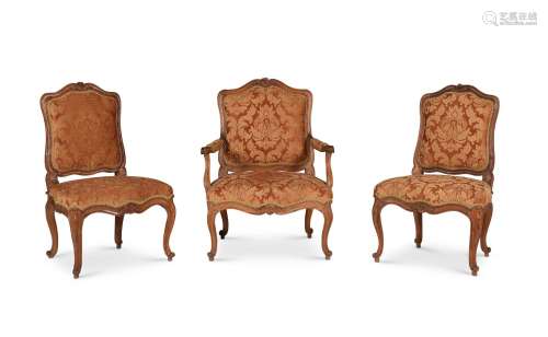 A LOUIS XV WALNUT AND UPHOLSTERED FAUTEUIL, MID 18TH CENTURY