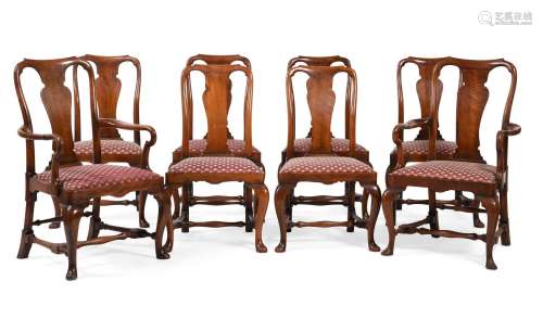 A SET OF EIGHT WALNUT DINING CHAIRS, BY GILL & REIGATE, ...
