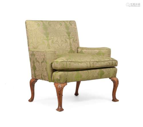 A WALNUT AND UPHOLSTERED ARMCHAIR, IN GEORGE II STYLE, 19TH ...