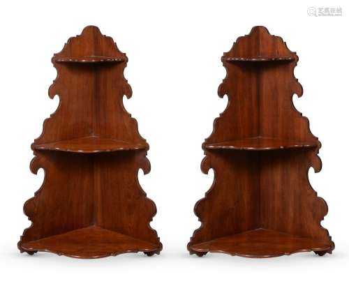 A PAIR OF MAHOGANY HANGING CORNER SHELVES, IN GEORGE III STY...