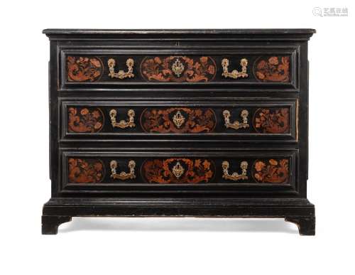 AN ITALIAN EBONISED AND MARQUETRY SECRETAIRE CHEST, POSSIBLY...
