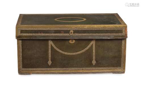 A CHINESE EXPORT GREEN LEATHER AND BRASS MOUNTED TRUNK, 18TH...