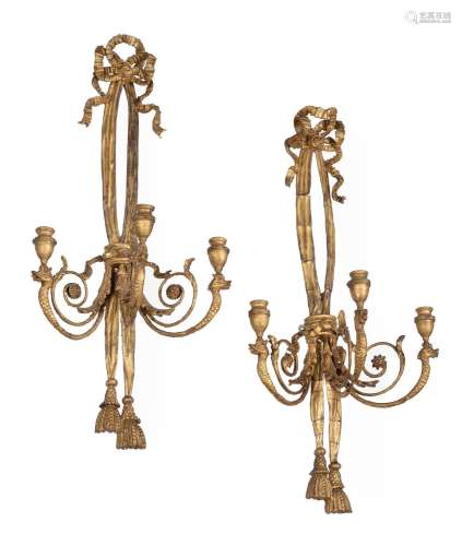 A PAIR OF GEORGE III GILT GESSO THREE-BRANCH WALL LIGHTS, EA...