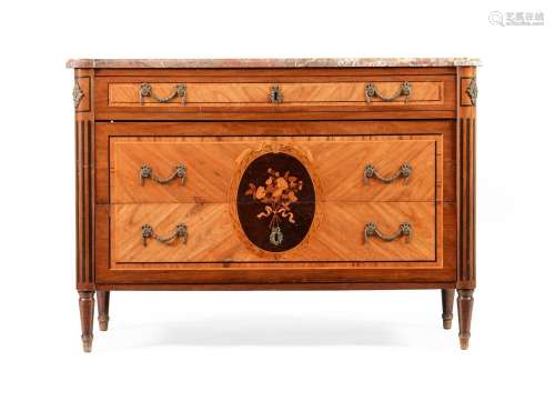 A FRENCH WALNUT AND MARQUETRY COMMODE, IN LOUIS XVI STYLE, 1...