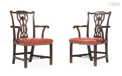 A PAIR OF GEORGE III MAHOGANY OPEN ARMCHAIRS, IN THE MANNER ...