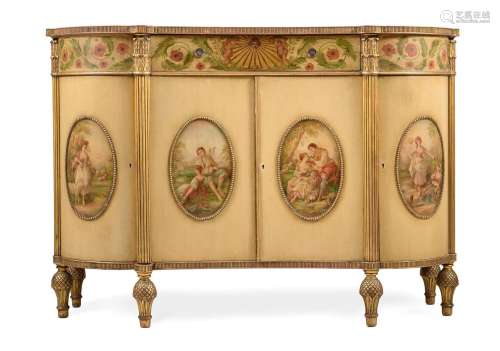 A NEOCLASSICAL POLYCHROME PAINTED SIDE CABINET, IN GEORGE II...