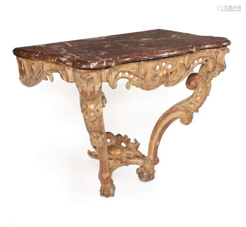 AN ITALIAN CARVED GILTWOOD CONSOLE TABLE, POSSIBLY PIEDMONT,...