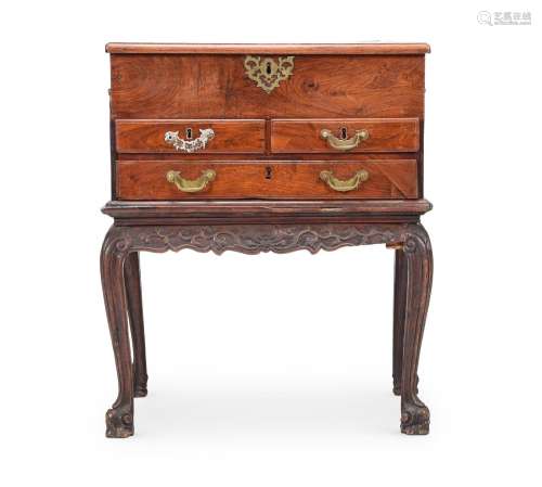 A CHINESE EXPORT HARDWOOD BOX ON STAND, POSSIBLY INCORPORATI...