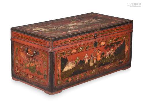 A CHINESE EXPORT LEATHER, POLYCHROME PAINTED AND CAMPHORWOOD...