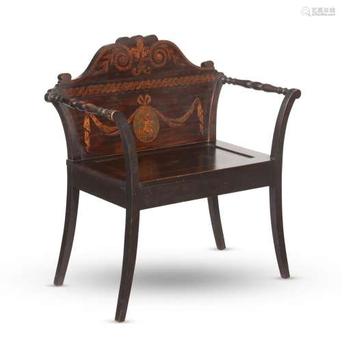 A MAHOGANY AND MARQUETRY HALL SEAT, IN GEORGE III STYLE, LAT...