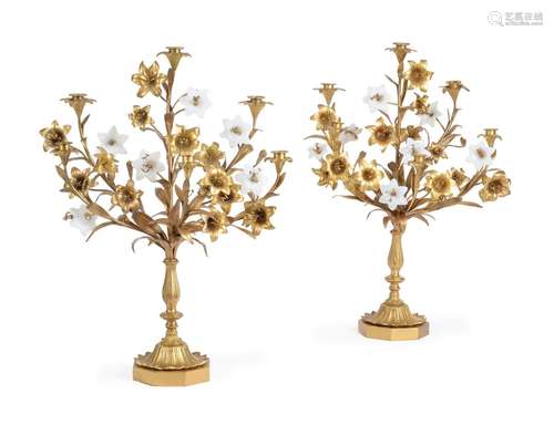 A PAIR OF FRENCH ORMOLU AND GLASS MOUNTED SIX-LIGHT CANDELAB...