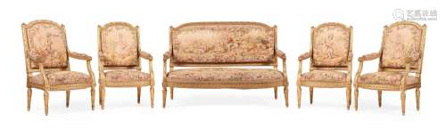 A FRENCH TRANSITIONAL AUBUSSON UPHOLSTERED GILTWOOD SALON SU...