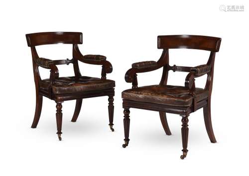 A PAIR OF MAHOGANY LIBRARY CHAIRS, IN REGENCY STYLE, AFTER D...