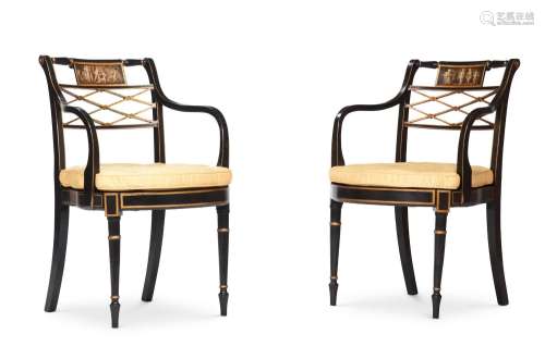 A PAIR OF REGENCY EBONISED, PARCEL GILT AND PAINTED ARMCHAIR...