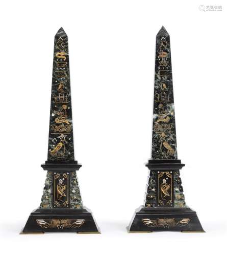 A PAIR OF FRENCH VARIEGATED GREEN AND BLACK MARBLE OBELISKS,...