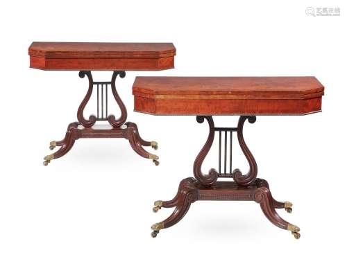 Y A PAIR OF REGENCY MAHOGANY AND ROSEWOOD FOLDING CARD TABLE...