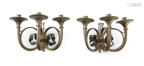 A PAIR OF FRENCH THREE LIGHT 'FRENCH HORN' WALL LIGHTS, LATE...