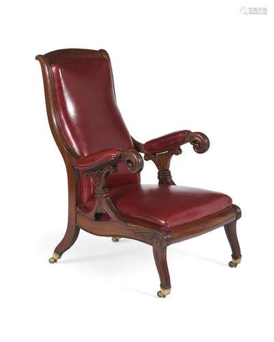 A WILLIAM IV MAHOGANY AND MAROON LEATHER UPHOLSTERED LIBRARY...