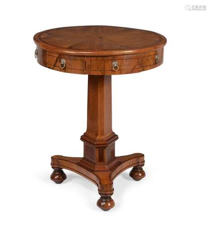 A CONTINENTAL WALNUT AND MAHOGANY 'DRUM' OCCASIONAL TABLE, A...