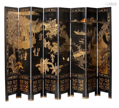 A CHINESE LACQUER AND PARCEL GILT EIGHT-FOLD SCREEN, FIRST H...