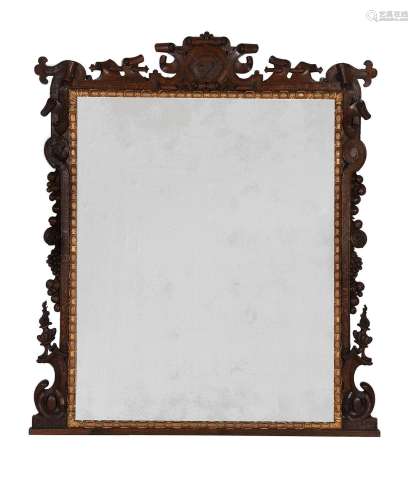 A VICTORIAN OAK AND PARCEL GILT OVERMANTEL MIRROR, CIRCA 188...