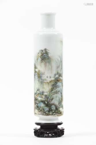 A Famille Rose cylindrical 'Landscape' bottle vase